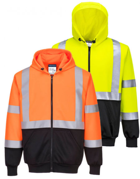Portwest Hi-Vis Two Tone Zipped Hoodie (B315) with reflective tape, adjustable hood, two large front pockets, and a durable two-tone design for enhanced visibility and practicality.