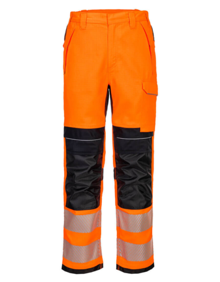 Portwest PW3 FR HVO Work Trousers (FR414) - Flame-resistant hi-vis trousers with reinforced abrasion points, top-loading kneepad pockets, and multi-functional storage, designed for safety and durability in demanding work environments."